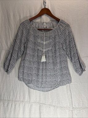 Mudd White Blouse with Navy Geometric Pattern and Tassel Tie 100% Rayon